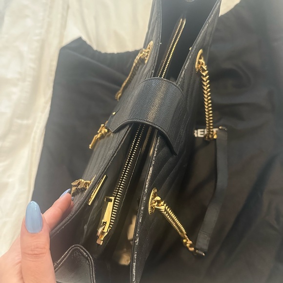 YSL Grain De Poudre Matelasse Chevron Monogram Shopping Bag Black vintage - Picture 7 of 11